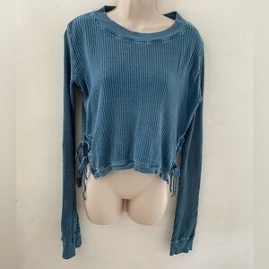 Free People Blue  Henley Long Sleeve Top